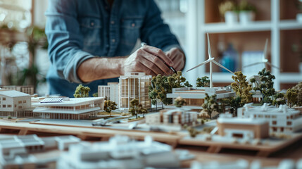 Engineers designing models of turbines, solar panels, and clean energy, discussing a clean energy city planning project with building models, green energy, energy transition,renewable energy 