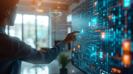 businesswoman using a big screen with abstract creative business charts and binary code on a blurry office interior background. System engineering and digital transformation concept.