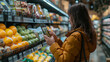 © Fokke Baarssen - woman in the supermarket with an online shopping list application on a mobile phone, a woman in the shop looking in a mobile phone