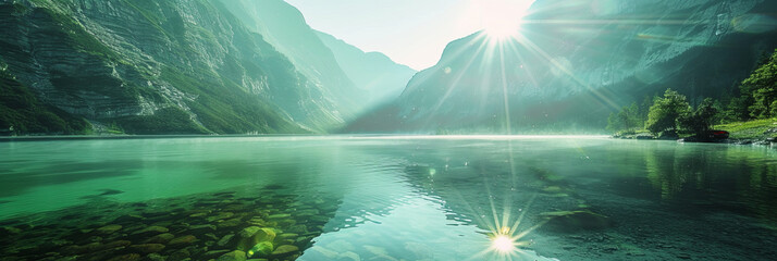 Wall Mural - the bright sun and clear water in the beautiful mountains, generative AI