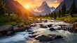 Panorama of a mountain river in the Swiss Alps at sunset.