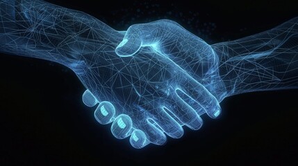 Two wire frame glowing hands, handshake, technology,