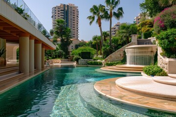 Wall Mural - A pool with a fountain and a large building in the background