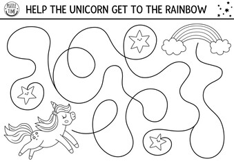 Wall Mural - Unicorn black and white maze for kids with fantasy horse with horn running to rainbow. Magic line preschool printable activity with stars. Simple fairytale labyrinth game, puzzle, coloring page.