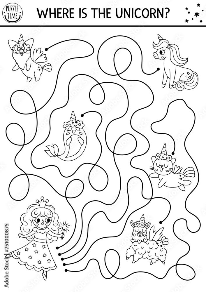 Black and white maze for kids with fairy and fantasy animals with horns ...