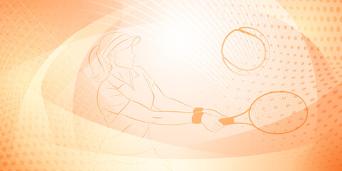 Wall Mural - Tennis themed background in orange tones with abstract lines, curves and dots, with a female tennis player in action, swinging a racket to hit the ball away