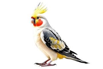 Wall Mural - Cockatiel bird full body in high-quality stock photography style, isolated on a white background, displaying its plumage in sharp focus, soft diffused lighting enhancing the texture of feathers