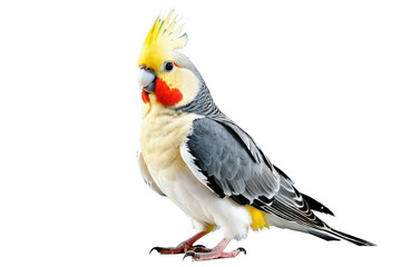 Wall Mural - Cockatiel bird full body in high-quality stock photography style, isolated on a white background, displaying its plumage in sharp focus, soft diffused lighting enhancing the texture of feathers