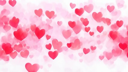 Wall Mural - Red hearts in soft pastel colors floating against light background. Watercolor style. Romantic abstract backdrop. Concept of love, affection, valentine, tender feelings, greeting. Copy space. Motion