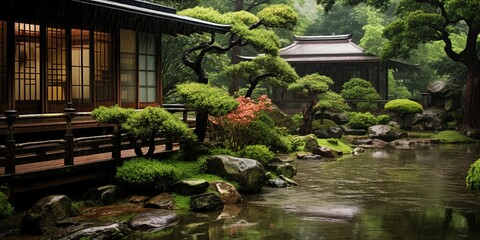 Wall Mural - Japanese garden in the rain.