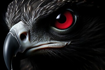 a stunning close-up of a majestic black eagle with red eyes, isolated on a solid black background. t