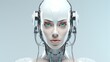 Futuristic white artificial intelligence humanoid robot portrait with copy space for text
