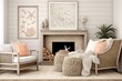 Coastal Lounge Escape: Coral and Seashell Fireplace with Woven Wall Hangings