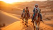 smiling children riding their camels traveling in the UAE desert in a sunny morning