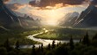 Panoramic view of alpine meadows and river at sunset