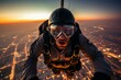 A fearless night skydiver with goggles and a determined expression plunges through a vibrant sea of city lights, exuding confidence and excitement in this captivating image.
