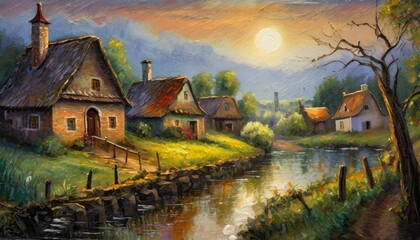 Wall Mural - fine art depicting an old rural villages landscape through oil paintings