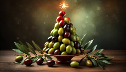 Wall Mural - christmas tree from fresh green red olives fruits with green leaves on wooden table