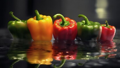 Wall Mural - close up image of colorful peppers and their reflection in water isolated on transparent background