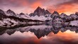 Panoramic view of snowy mountains reflected in the water at sunset
