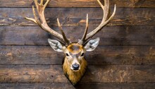 Stuffed Deer Head On A Dark Wooden Wall
