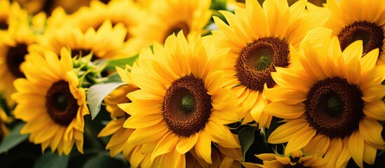 Wall Mural - A large group of sunflowers in a field, displaying vibrant yellow petals and robust green stems. The sunflowers are basking in the sunlight, their faces turned towards the sun. The field is a sea of