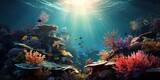 Fototapeta Do akwarium - Tranquil underwater world with vibrant coral, small fish, and glistening sunlight filtering through water