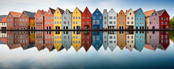 Wall Mural - Colorful row of homes on a lake. Reflection of houses in the water. Old buildings in Europe. Architectural landscape