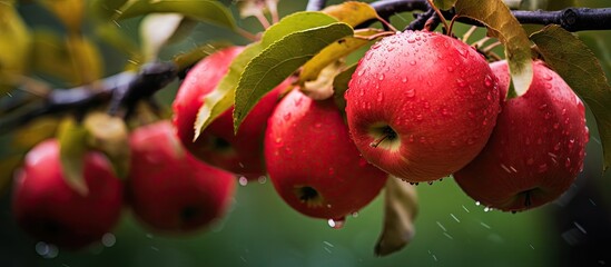 Wall Mural - A cluster of ripe red apples hanging from the branches of a tree, ready to be picked and enjoyed. The apples are bright in color and contrast against the green leaves of the tree.