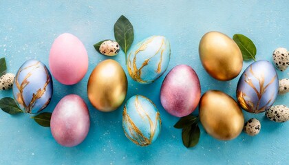 Wall Mural - beutiful easter border of pastel colorful eggs decorated golden paint on blue background top view