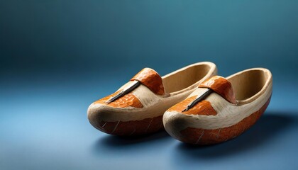 traditional dutch wooden clogs isolated on blue background with copy space for your own text just for holiday or postcard etc