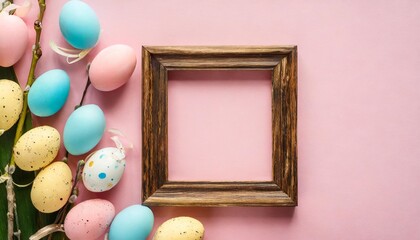 Canvas Print - easter eggs and wooden frame on pink background