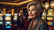 Beautiful elderly woman playing casino slot machine fortune