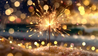 sylvester new year vacation holiday new year s eve 2024 party event celebration holiday greeting card closeup of sparkling sparkler stuck in sand on beach with ocean in teh background