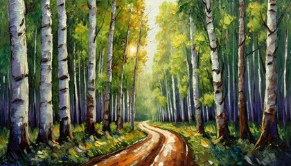 Wall Mural - oil painting forest landscape beautiful solar road in the woods on canvas sunny summer in birch forest