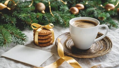 Wall Mural - moody christmas stationery winter blank greeting card invitation mockup white linen tablecloth green pine tree branches golden velvet ribbon cup of coffee gingerbread cookies blurred background