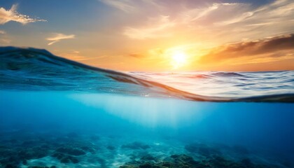 Wall Mural - blue sea or ocean water surface and underwater against sunset