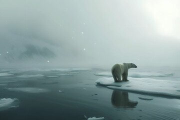 Wall Mural - Polar Bear on Ice Floe, Arctic Solitude, waters, overcast, cold, grey