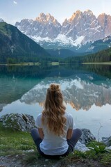 serene woman enjoying majestic mountain view by tranquil lake at sunset