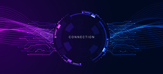 Wall Mural - circle circuit board topic connection colorful and neon light purple and blue wave on circle digital