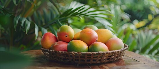 Wall Mural - A basket filled with fresh tropical mangoes is neatly arranged on top of a wooden table at a mango farm. The vibrant colors of the mangoes contrast beautifully with the rustic texture of the table.