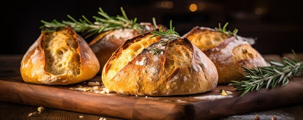 Wall Mural - Freshly baked artisan sourdough bread loaves with golden crust on a rustic wooden board, adorned with rosemary.
