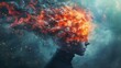 Female person head explodes on abstract background. Woman overwhelm with information, experiencing emotional burnout. Psychological mental health challenges. Exhausted fatigued tired depressed person.