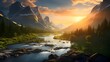 Panoramic view of the mountain river at sunset. Beautiful summer landscape.
