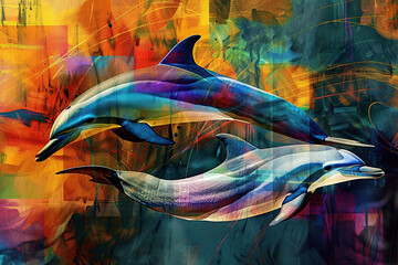 abstract horizontal colourful illustration of two dolphins floating in opposite direction Generative AI