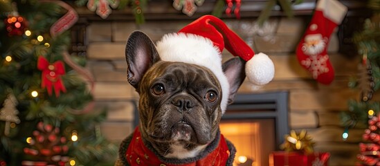 Poster - A French Bulldog is dressed in a festive Santa hat and scarf, standing in front of holiday decorations. The dog looks adorable and ready for the Christmas season.