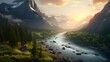 Beautiful panoramic view of a mountain river at sunset in summer
