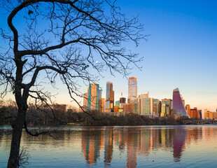 Wall Mural - Austin Texas skyline at sunset with modern downtown buildings.