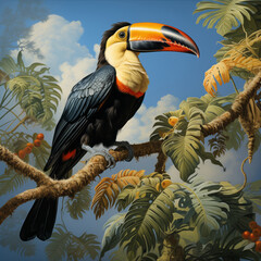 A toucan perched on a branch amidst a dense lush tropical foliage, exotic bird art