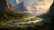 Mountain landscape. Panoramic view of the river and the mountains.